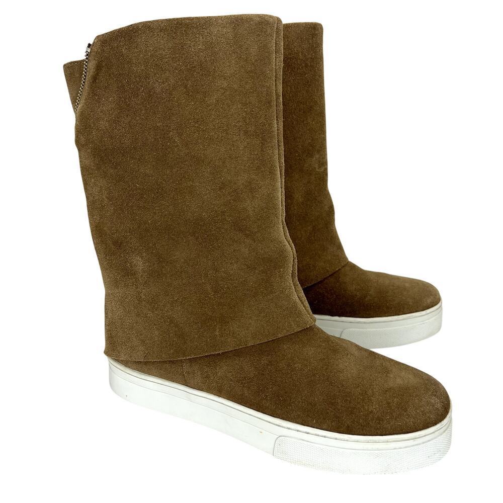 Schutz Evana Sneaker Boots Beige Suede Pull On Mid Calf 36 Zipper